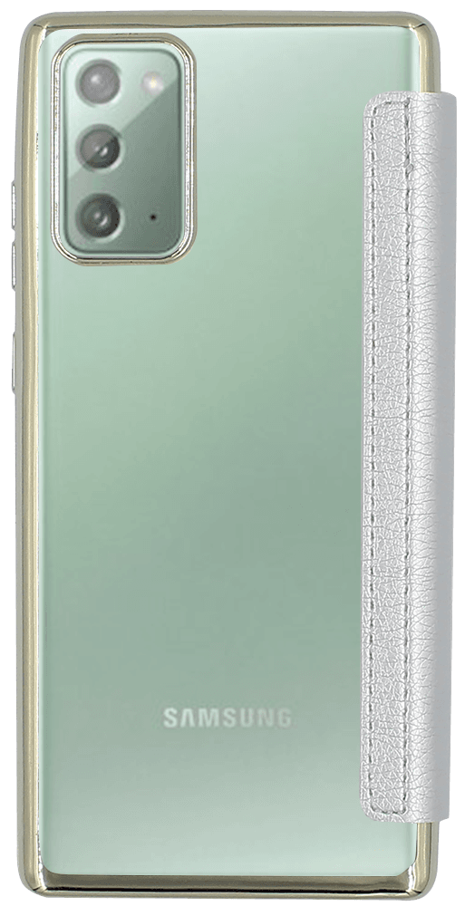 Samsung Galaxy Note 20 (SM-N980F) oldalra nyíló flipes bőrtok átlátszó szilikon hátlap, fémhatású keret ezüst
