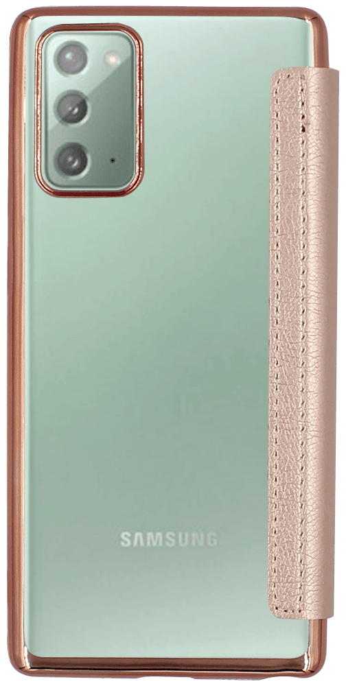 Samsung Galaxy Note 20 5G (SM-N981B) oldalra nyíló flipes bőrtok átlátszó szilikon hátlap, fémhatású keret rozéarany