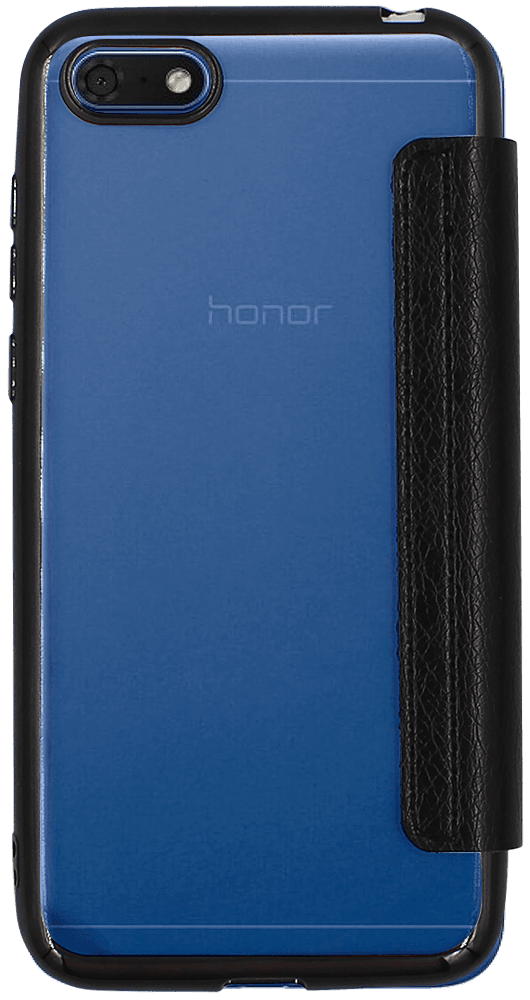 Huawei Honor 7s oldalra nyíló flipes bőrtok átlátszó szilikon hátlap, fémhatású keret fekete