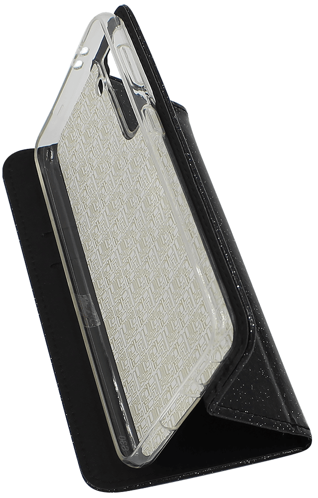 Samsung Galaxy S21 5G (SM-G991B) oldalra nyíló flipes bőrtok csillámos fekete