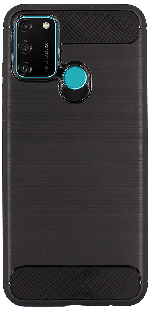 Huawei Honor 9A ütésálló szilikon tok szálcsiszolt-karbon minta légpárnás sarok fekete