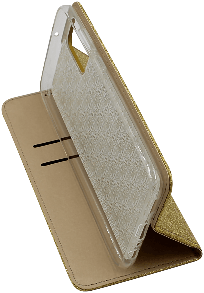 Samsung Galaxy A02s (SM-A025) oldalra nyíló flipes bőrtok csillámos arany