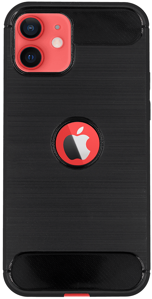 Apple iPhone 12 ütésálló szilikon tok szálcsiszolt-karbon minta légpárnás sarok logó kihagyós fekete