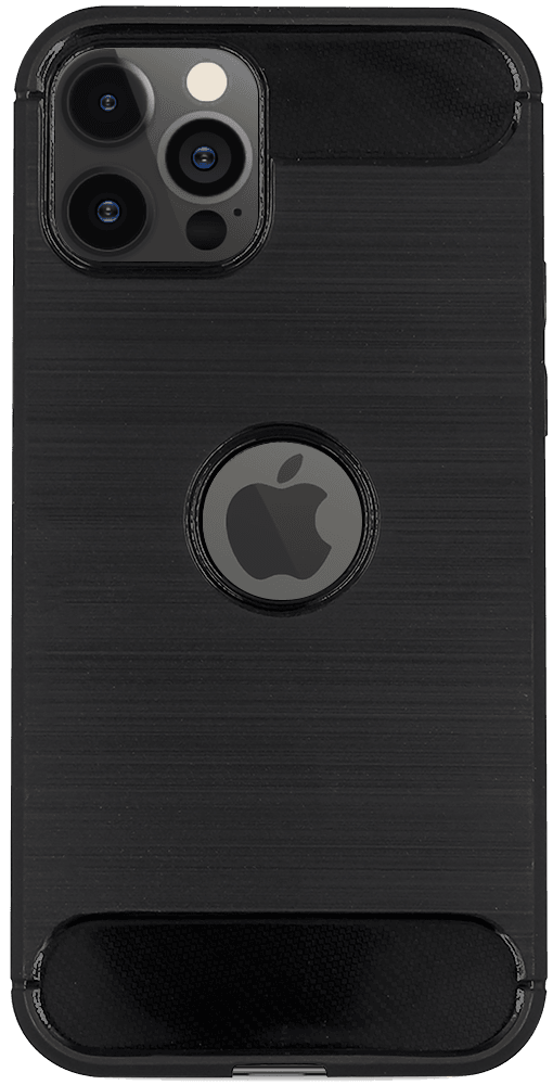 Apple iPhone 12 Pro ütésálló szilikon tok szálcsiszolt-karbon minta légpárnás sarok logó kihagyós fekete