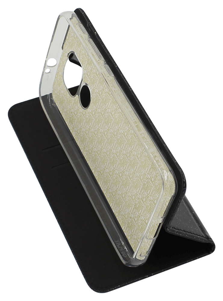 Motorola Moto G9 Play oldalra nyíló flipes bőrtok csillámos fekete