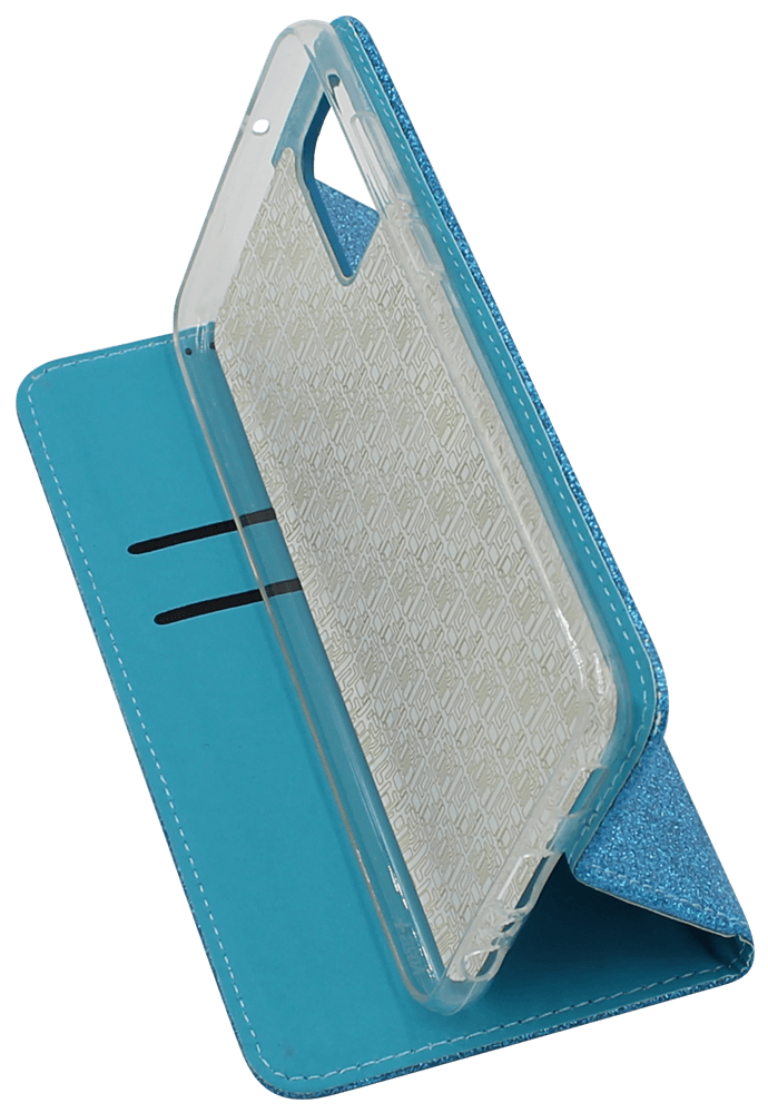 Samsung Galaxy A02s (SM-A025) oldalra nyíló flipes bőrtok csillámos kék