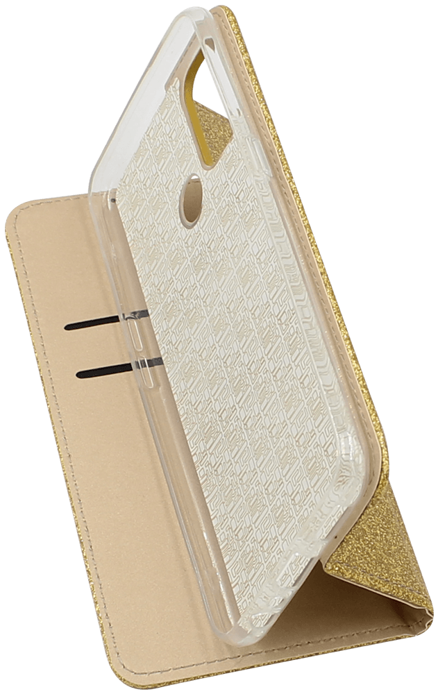 Oppo A53 2020 oldalra nyíló flipes bőrtok csillámos arany