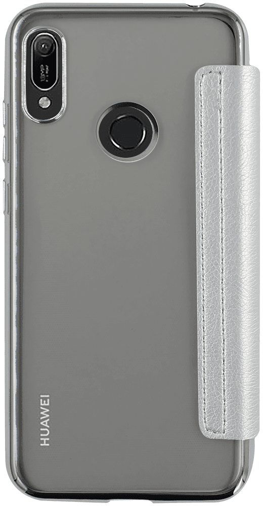 Huawei Y6s (2019) oldalra nyíló flipes bőrtok átlátszó szilikon hátlap, fémhatású keret ezüst
