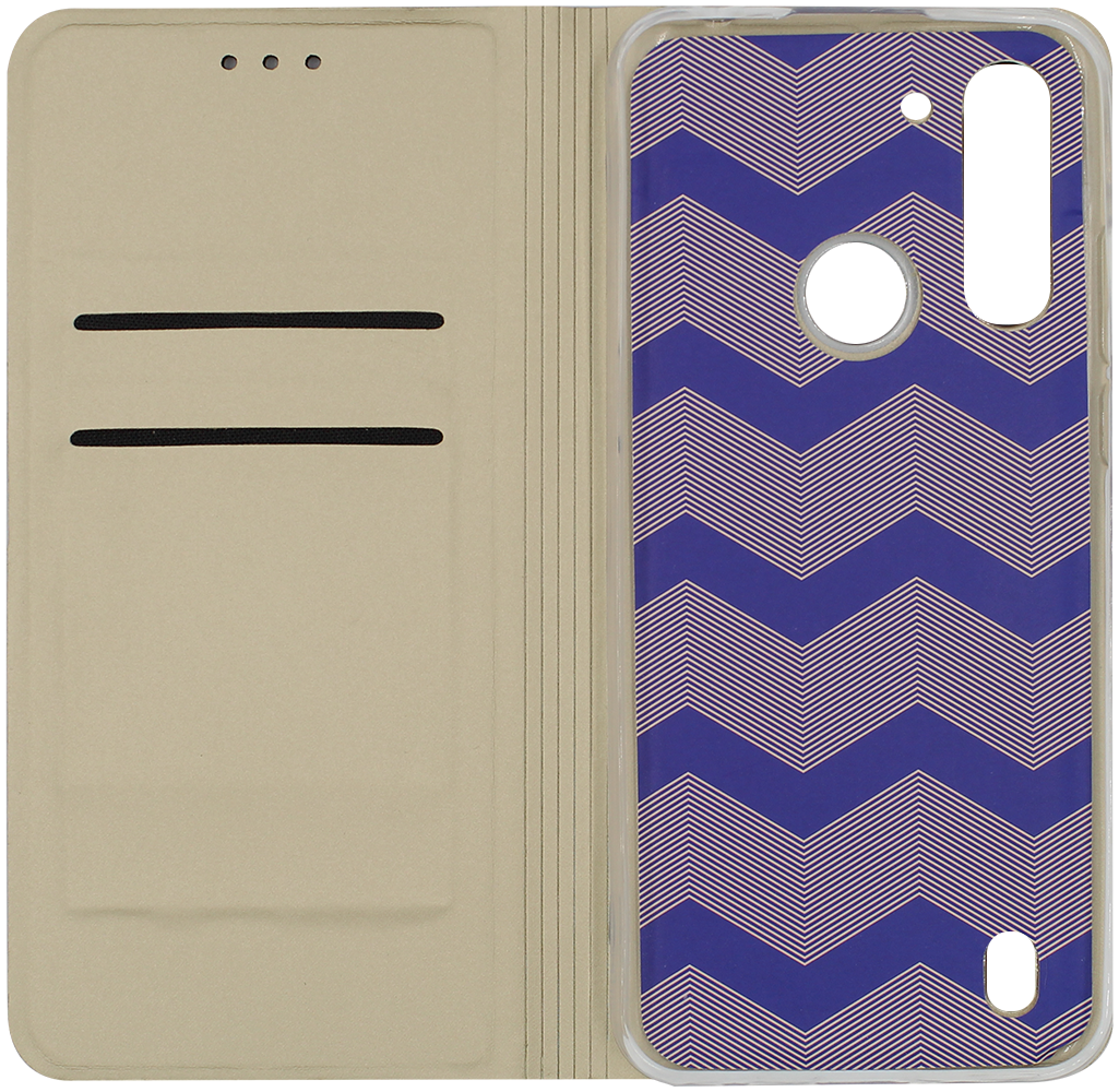 Motorola Moto G8 Power Lite oldalra nyíló flipes bőrtok elől-hátul mágneses arany