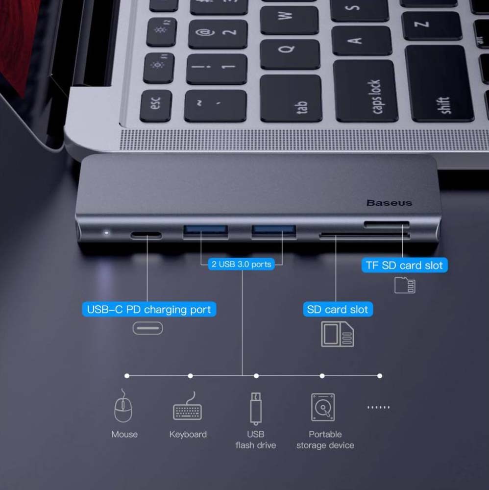 Samsung Galaxy Tab A 10.5 Wifi 2018 (SM-T590) 5 az 1-ben HUB Baseus CAHUB-K0G Harmonica szürke
