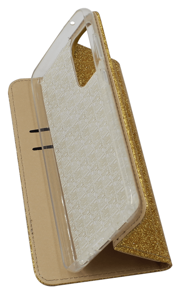 Samsung Galaxy A72 5G (SM-A726B) oldalra nyíló flipes bőrtok csillámos arany