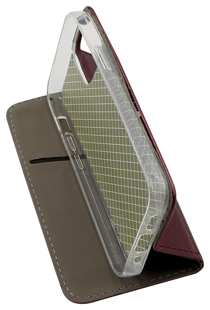 Apple iPhone 13 Mini oldalra nyíló flipes bőrtok asztali tartó funkciós bordó