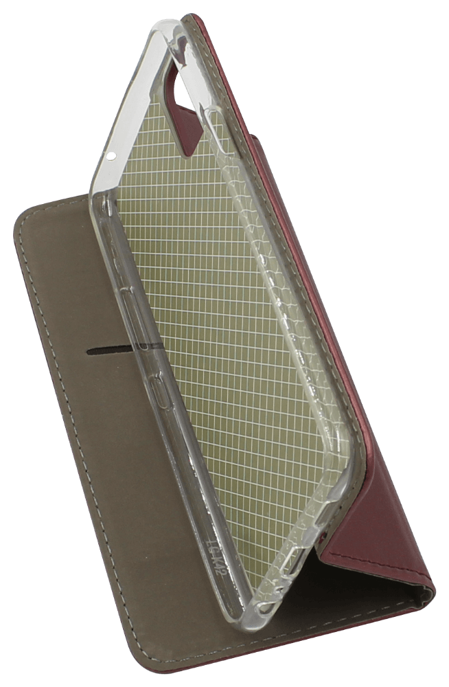 LG K42 oldalra nyíló flipes bőrtok asztali tartó funkciós bordó