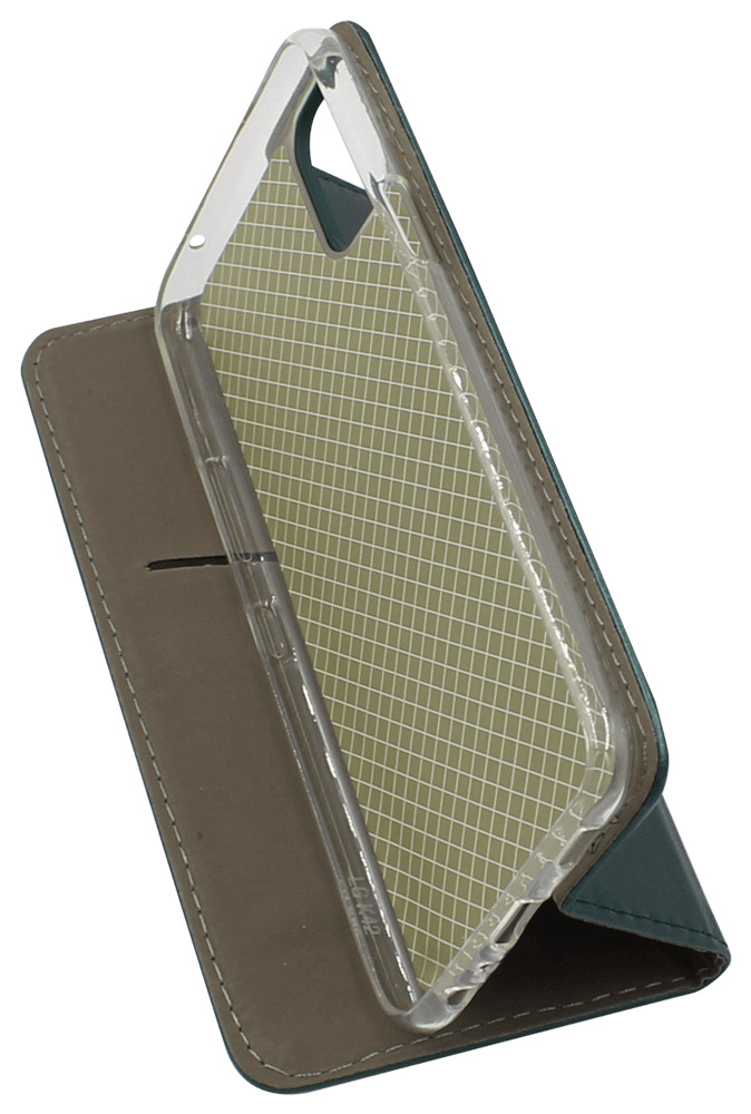 LG K42 oldalra nyíló flipes bőrtok asztali tartó funkciós sötétzöld