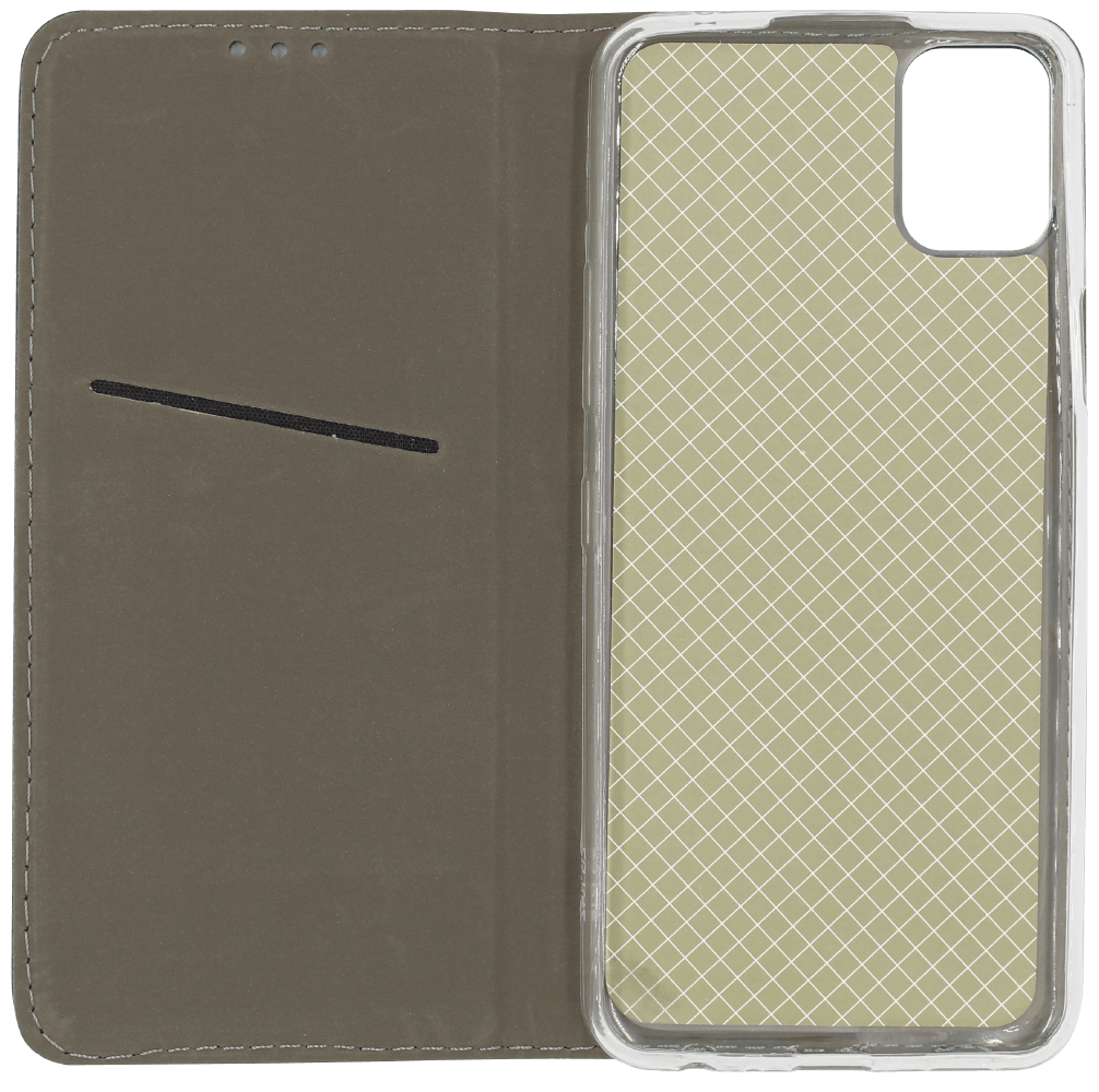 LG K42 oldalra nyíló flipes bőrtok asztali tartó funkciós sötétzöld