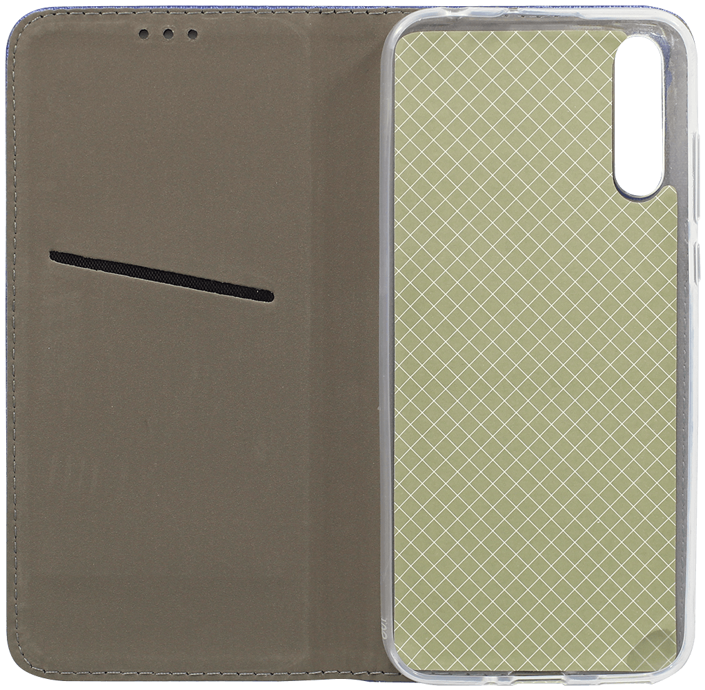 Huawei Y8p (P Smart S) oldalra nyíló flipes bőrtok rombusz mintás sötétkék