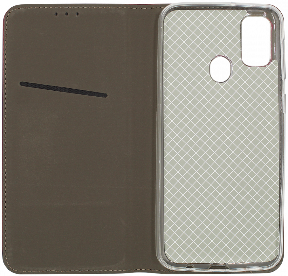 Samsung Galaxy M21 (SM-M215F) oldalra nyíló flipes bőrtok asztali tartó funkciós bordó