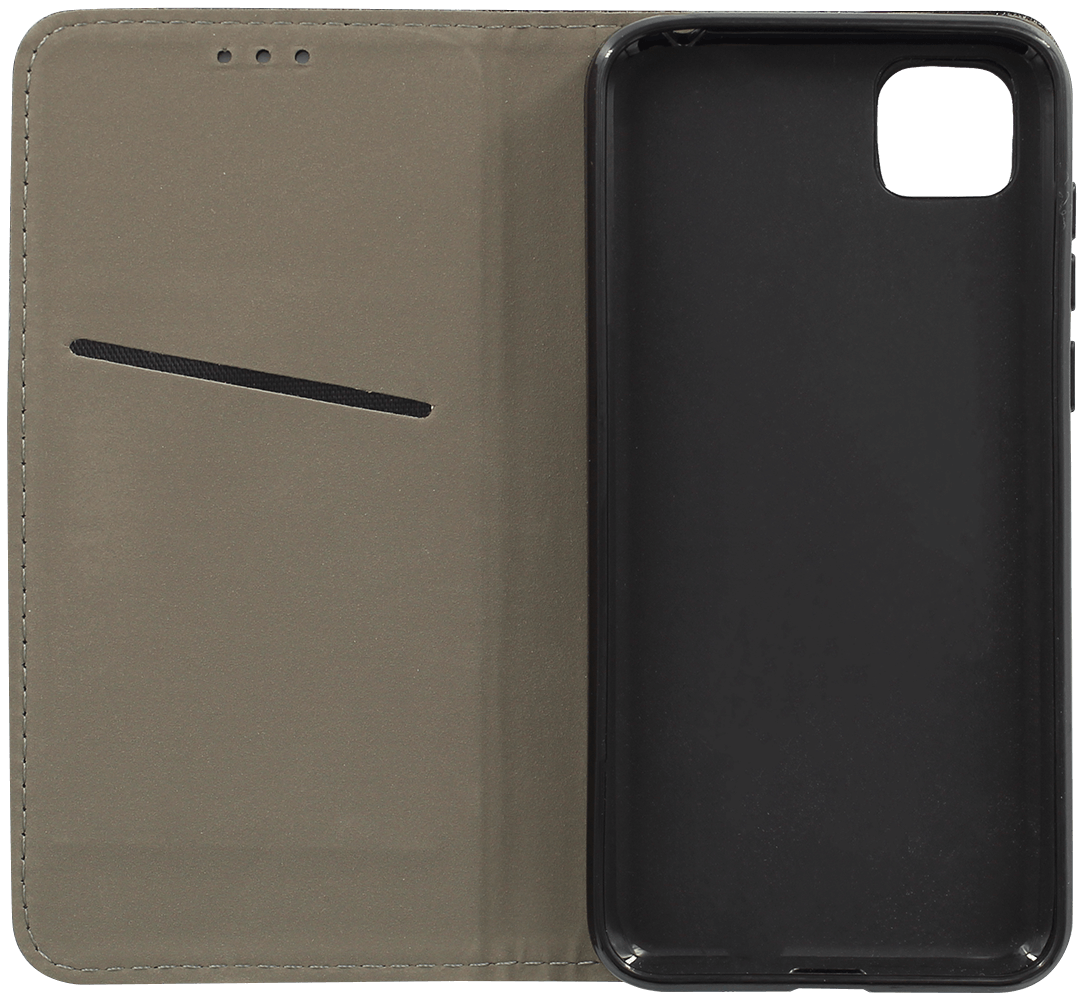 Huawei Y5P oldalra nyíló flipes bőrtok rombusz mintás fekete