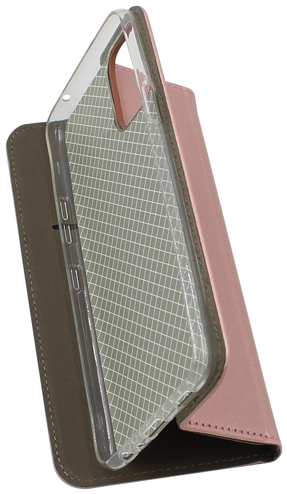 LG K42 oldalra nyíló flipes bőrtok asztali tartó funkciós rozéarany