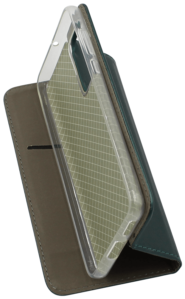 Huawei P40 oldalra nyíló flipes bőrtok asztali tartó funkciós sötétzöld