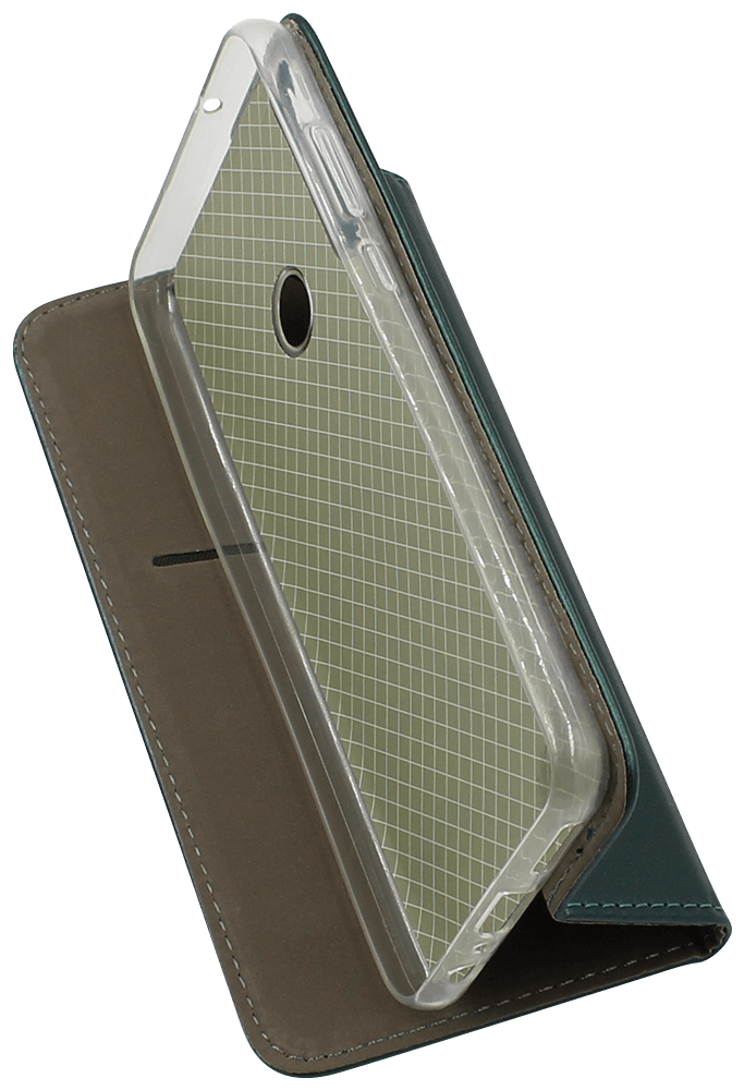 Huawei Y6P oldalra nyíló flipes bőrtok asztali tartó funkciós sötétzöld