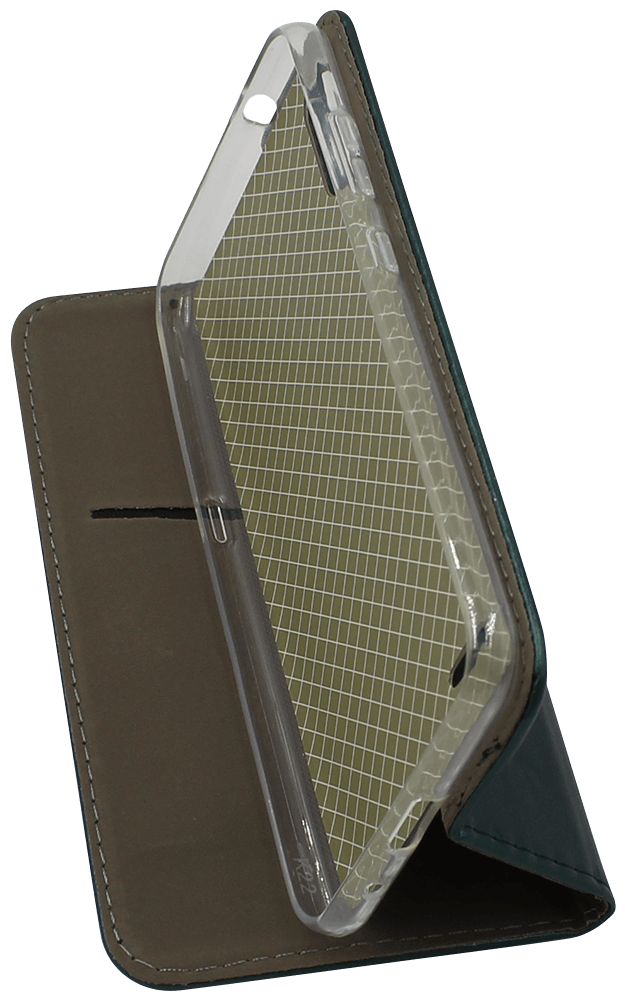 LG K22 oldalra nyíló flipes bőrtok asztali tartó funkciós sötétzöld