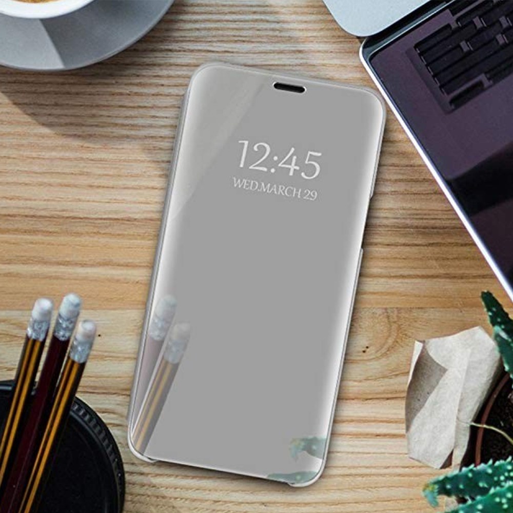 Xiaomi Mi 10 Lite 5G oldalra nyíló flipes bőrtok Smart Clear View ezüst