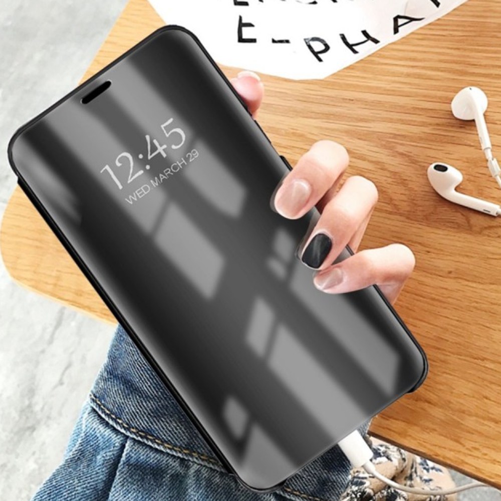 LG K42 oldalra nyíló flipes bőrtok Smart Clear View fekete