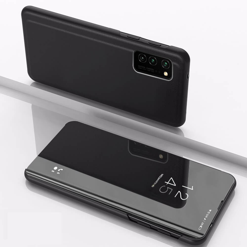 LG K61 oldalra nyíló flipes bőrtok Smart Clear View fekete