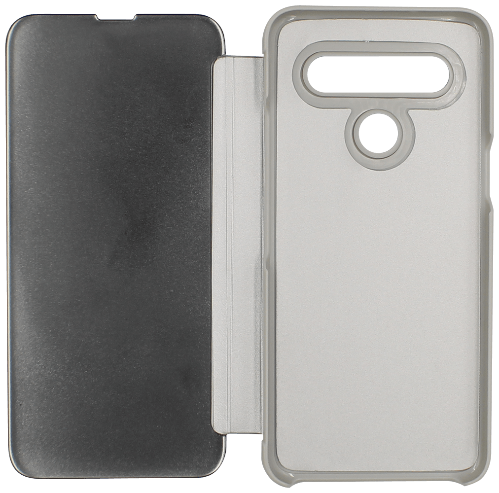 LG K61 oldalra nyíló flipes bőrtok Smart Clear View ezüst