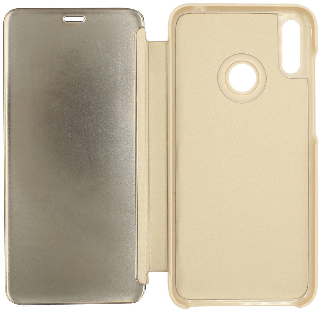 Huawei Y7 2019 oldalra nyíló flipes bőrtok Smart Clear View arany