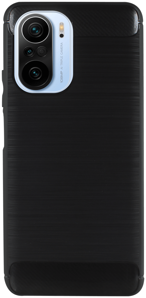 Xiaomi Poco F3 ütésálló szilikon tok szálcsiszolt-karbon minta légpárnás sarok fekete