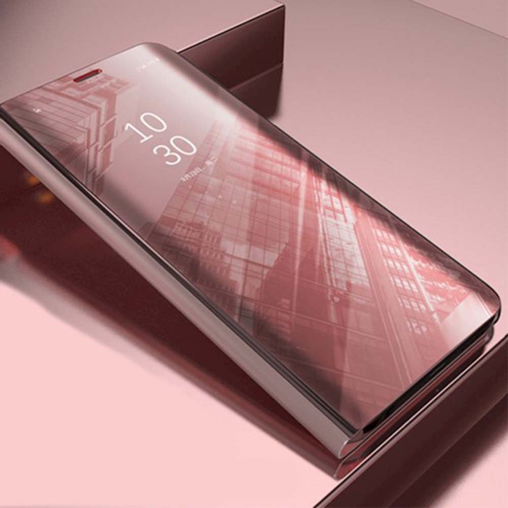 LG K42 oldalra nyíló flipes bőrtok Smart Clear View rozéarany