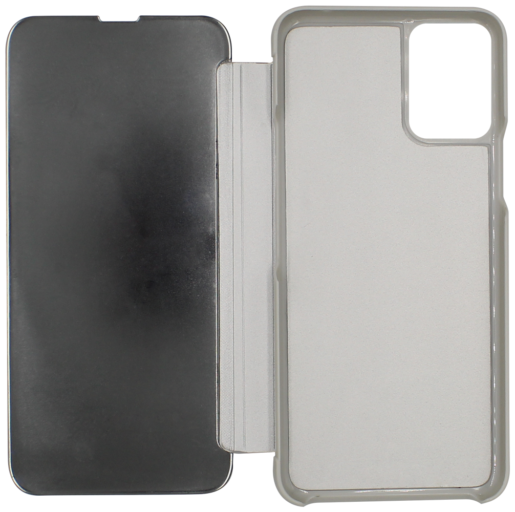 LG K42 oldalra nyíló flipes bőrtok Smart Clear View ezüst