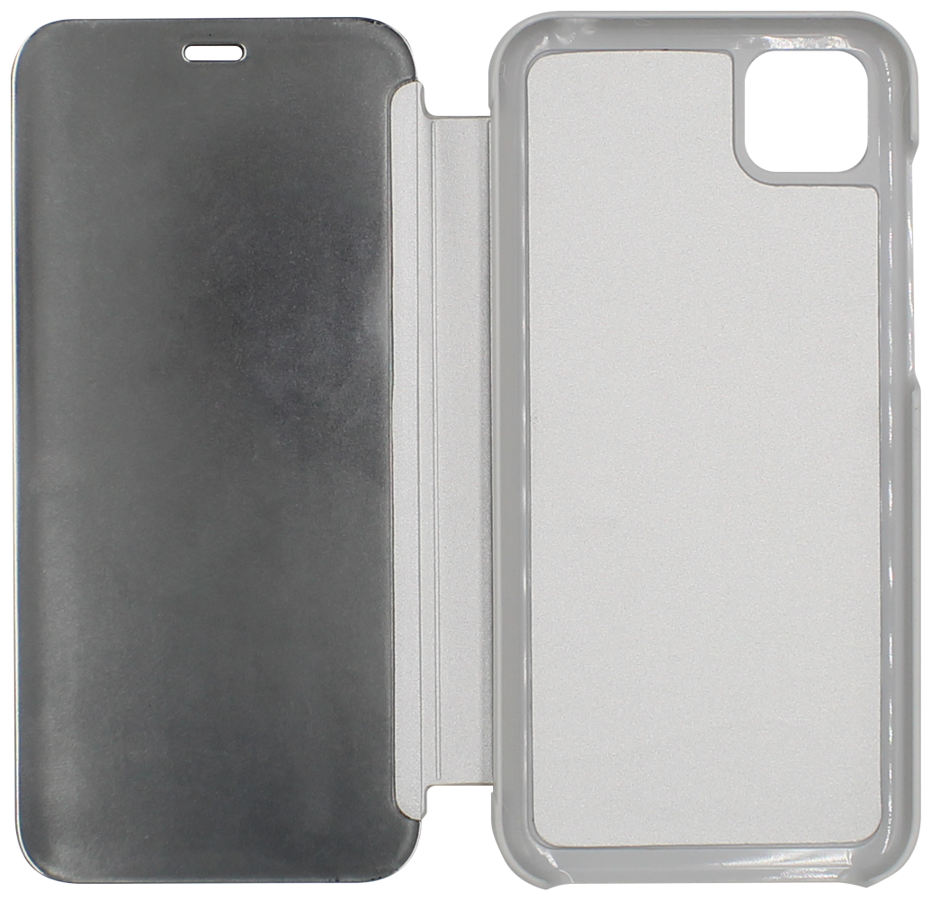 Huawei Y5P oldalra nyíló flipes bőrtok Smart Clear View ezüst