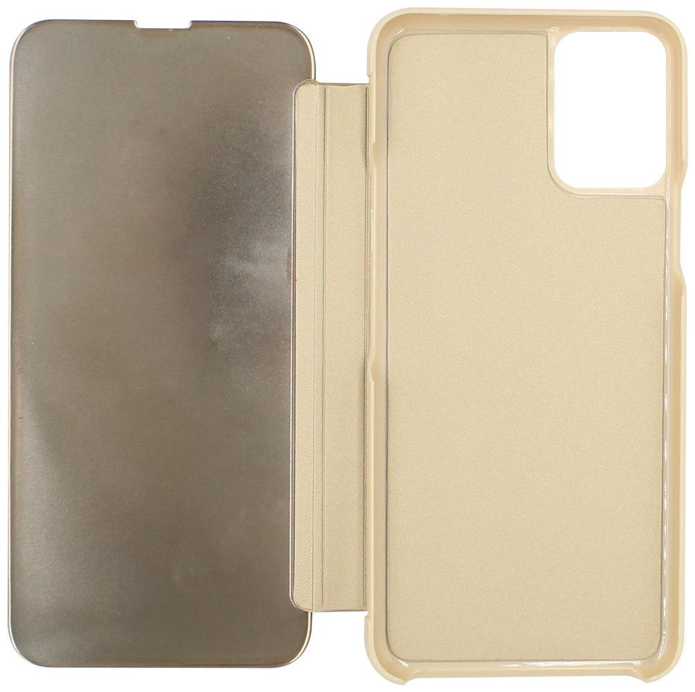 LG K42 oldalra nyíló flipes bőrtok Smart Clear View arany