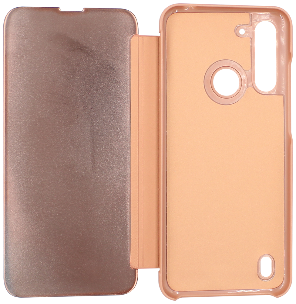 Motorola Moto G8 Power Lite oldalra nyíló flipes bőrtok Smart View Cover rozéarany