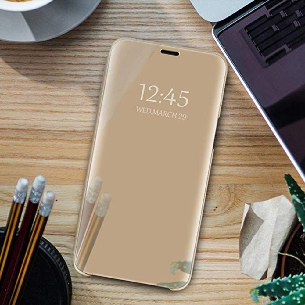 Huawei P40 Lite E oldalra nyíló flipes bőrtok Smart View Cover arany