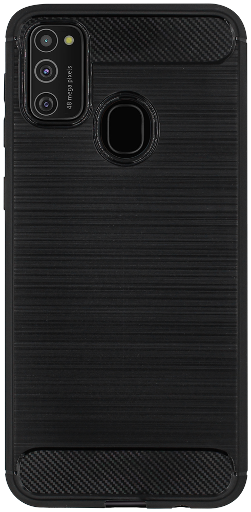 Samsung Galaxy M21 (SM-M215F) ütésálló szilikon tok szálcsiszolt-karbon minta légpárnás sarok fekete