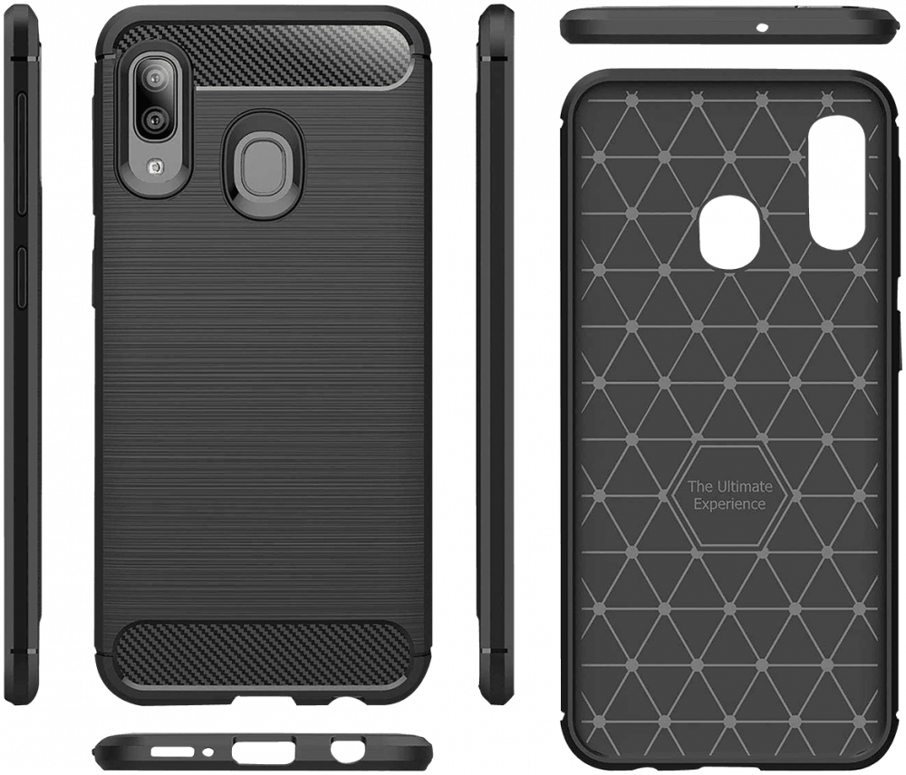 Apple iPhone 11 ütésálló szilikon tok szálcsiszolt-karbon minta légpárnás sarok logó kihagyós fekete