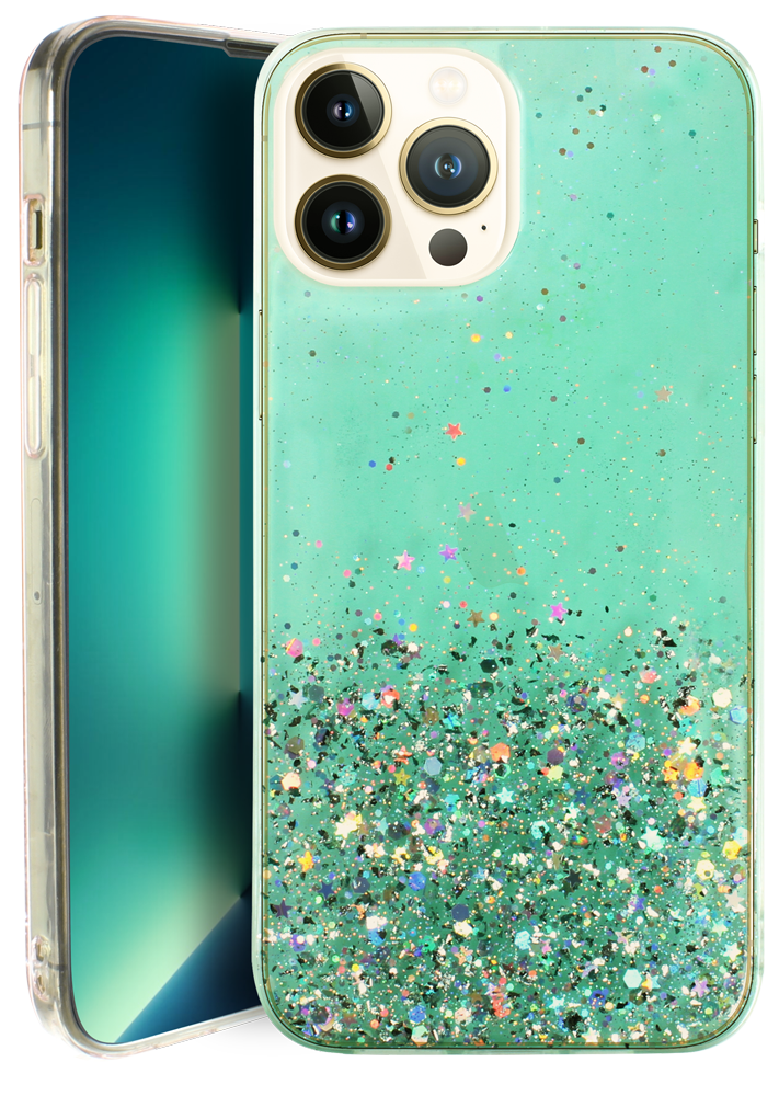 Apple iPhone 13 Mini kemény hátlap szilikon kerettel flitteres átlátszó zöld