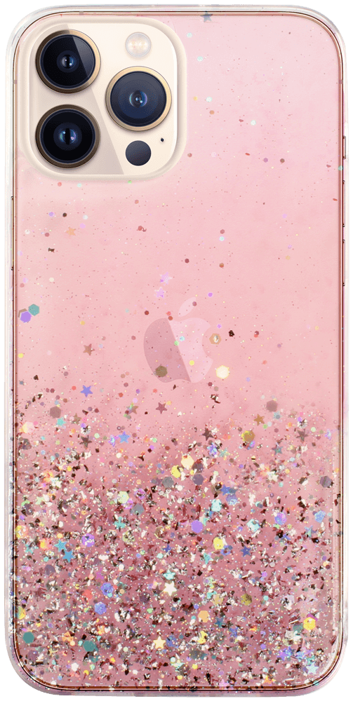 Apple iPhone 13 Pro Max kemény hátlap szilikon kerettel flitteres átlátszó rózsaszín