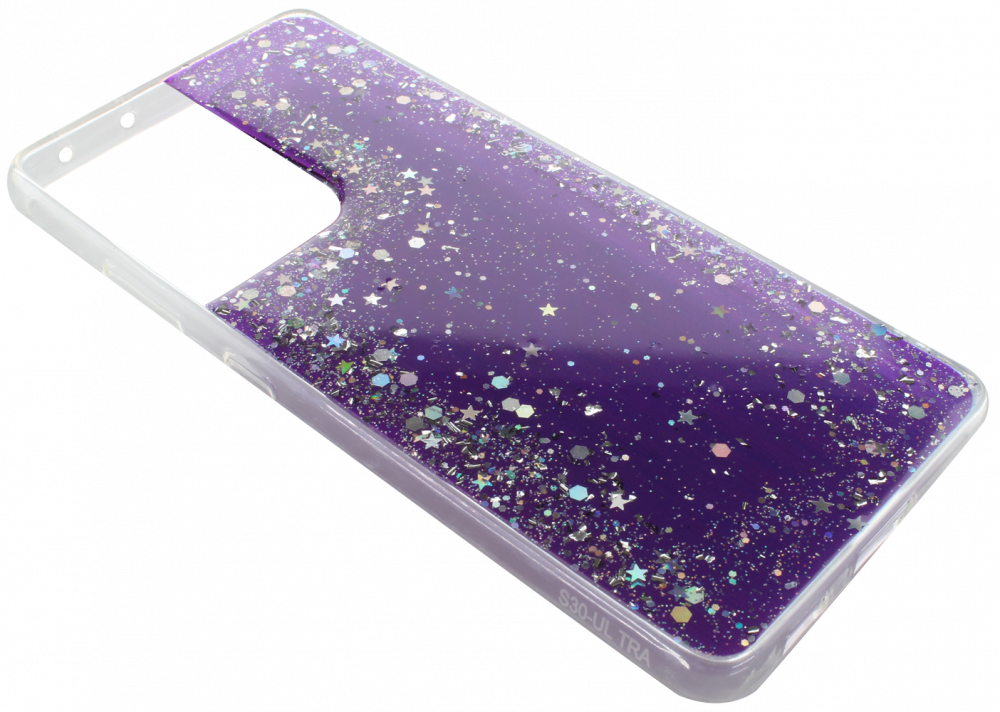 Samsung Galaxy S21 Ultra 5G (SM-G998B) kemény hátlap szilikon kerettel flitteres átlátszó lila