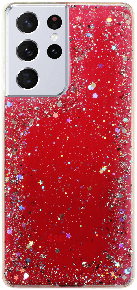 Samsung Galaxy S21 Ultra 5G (SM-G998B) kemény hátlap szilikon kerettel flitteres átlátszó piros