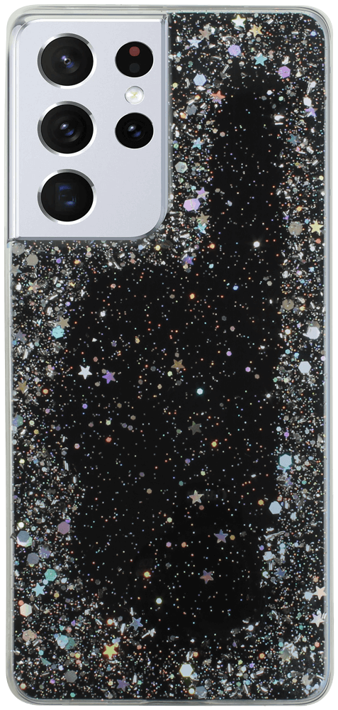 Samsung Galaxy S21 Ultra 5G (SM-G998B) kemény hátlap szilikon kerettel flitteres átlátszó fekete