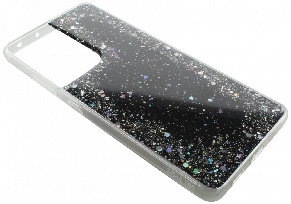 Samsung Galaxy S21 Ultra 5G (SM-G998B) kemény hátlap szilikon kerettel flitteres átlátszó fekete