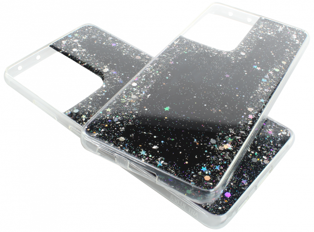 Samsung Galaxy S21 Ultra 5G (SM-G998B) kemény hátlap szilikon kerettel flitteres átlátszó fekete