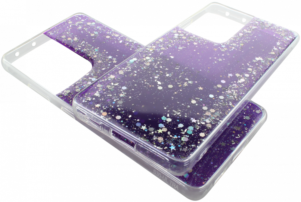 Samsung Galaxy M32 (SM-M325F) kemény hátlap szilikon kerettel flitteres átlátszó lila