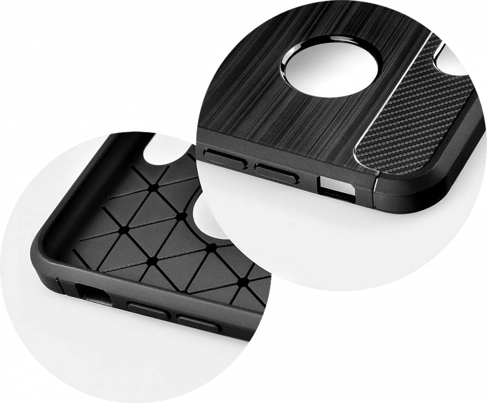 Apple iPhone 13 Mini ütésálló szilikon tok szálcsiszolt-karbon minta légpárnás sarok logó kihagyós fekete