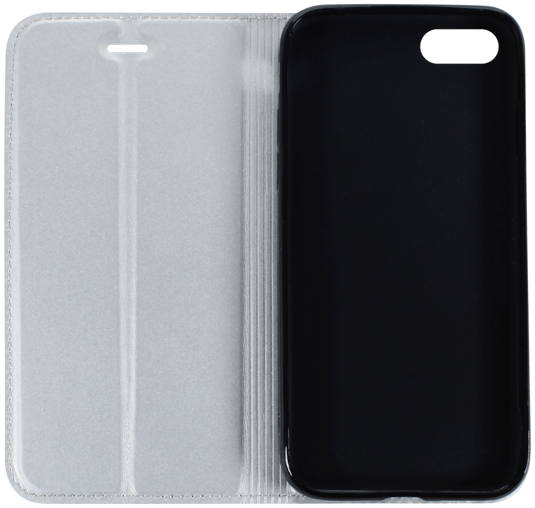 Apple iPhone SE (2022) oldalra nyíló flipes bőrtok elől-hátul mágneses ezüst